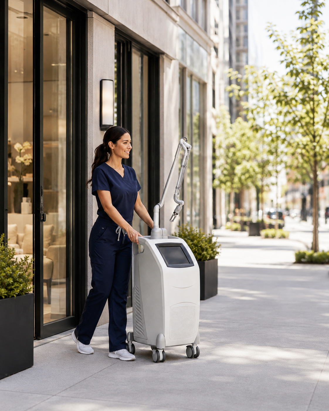 A clinician moving a laser device out of an urban practice to sell